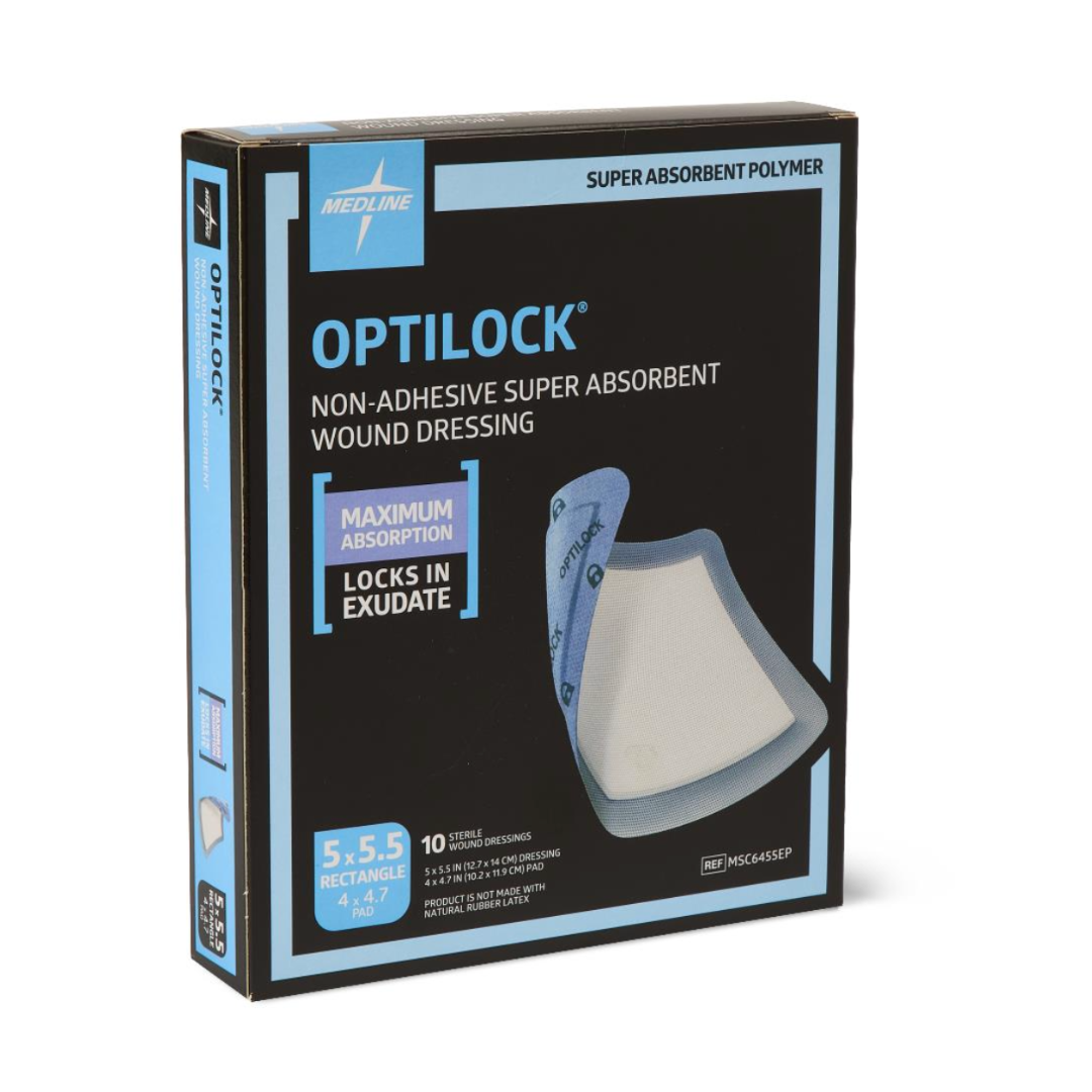 A box of Medline OptiLock Nonadhesive Super Absorbent Wound Dressings, 5x5.5 in, 10 per box—features a highly absorbent dressing with a non-adherent layer, ideal for pressure injury management.